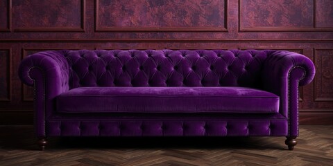 Naklejka premium Purple luxurious velour quilted sofa upholstery featured in classic vintage royal interior design and textured backdrop