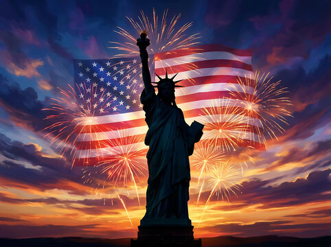 Statue of Liberty and American Flag with Fireworks at Sunset 4th of july