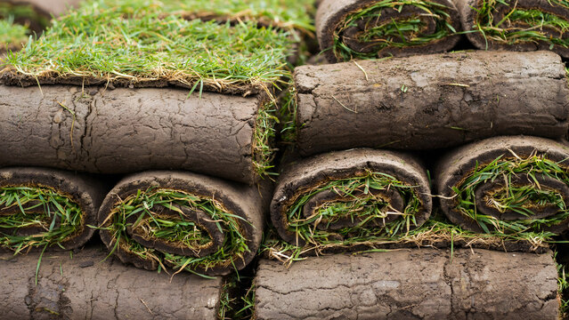 Stacked rolls of natural green grass sod for landscaping and garden installation