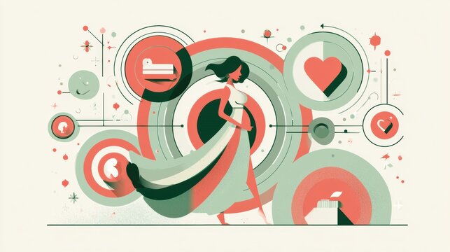 A flat illustration shows an abstract figure at the center surrounded by wellness elements related to menopause care and support networks.