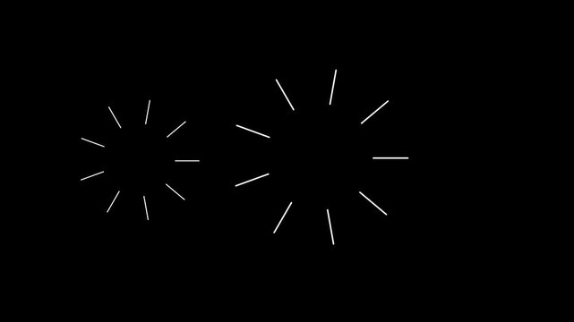 White line circle animation explosion, with cartoon firework style flat vector motion effects, and glowing geometric spark trails for modern dynamic 4k visuals on black screen background.