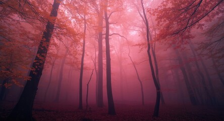 Fototapeta premium Mystical pink fog enveloping an autumn forest with eerie shadows