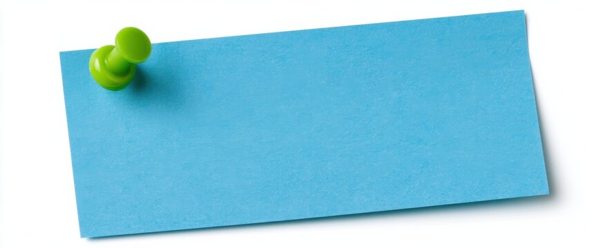 Blue sticky note with green push pin isolated, important reminder message for events and notifications on white background