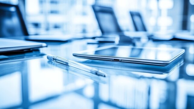 Professional office desk setup with digital tablet and pen for modern corporate business meetings and planning strategy.