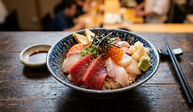 Japanese chirashi don bowl topped with fresh tuna, salmon, hamachi, hotate, ikura, tamagoyaki, wasabi, ginger, seaweed, and sesame seeds.