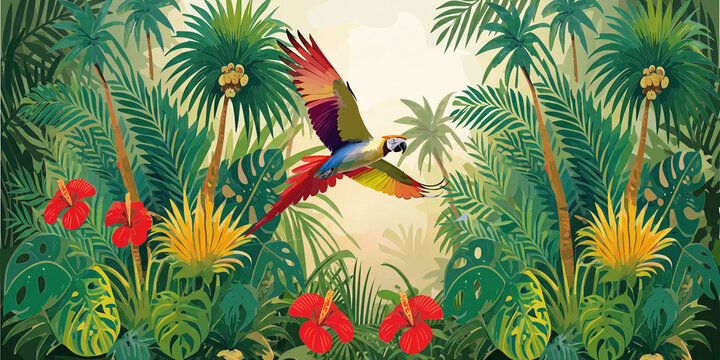 Macaw flying over the rainforest. Illustration.