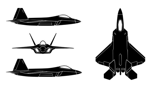 Military Aircraft Black Silhouette Vector Technical Drawing with Front Top and Side Views