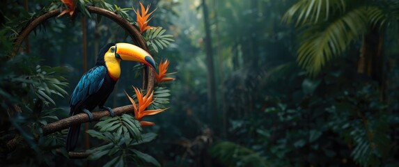 Fototapeta premium Tropical bird toucan occupying a naturalistic enclosure branch with rich jungle background