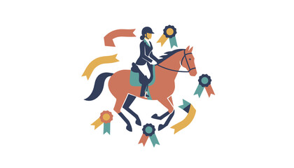 Obraz premium Woman riding a horse surrounded by decorative ribbons and banners celebrating equestrian success and victory.