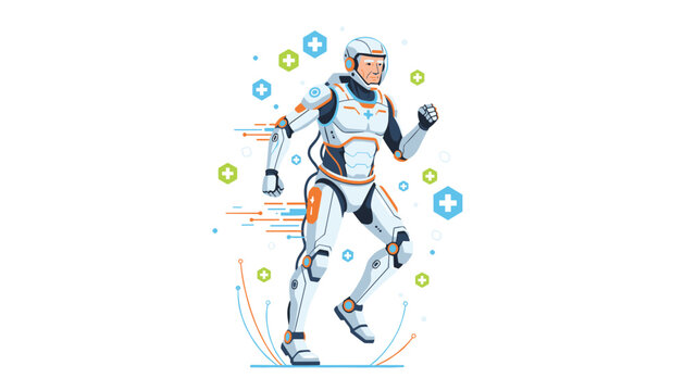Senior man wearing a futuristic white robotic exoskeleton suit running while surrounded by floating medical cross icons.