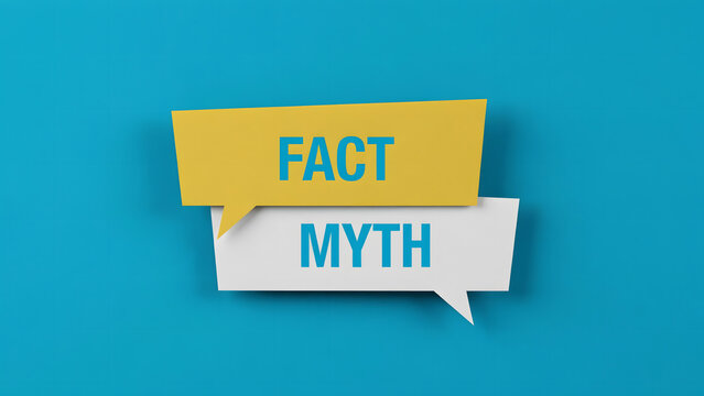 Two speech bubbles with the words fact and myth on a blue background