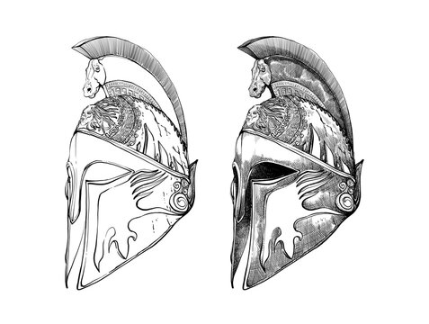Historical knight war helmet hand drawn sketch with hatching and cross hatching shading 