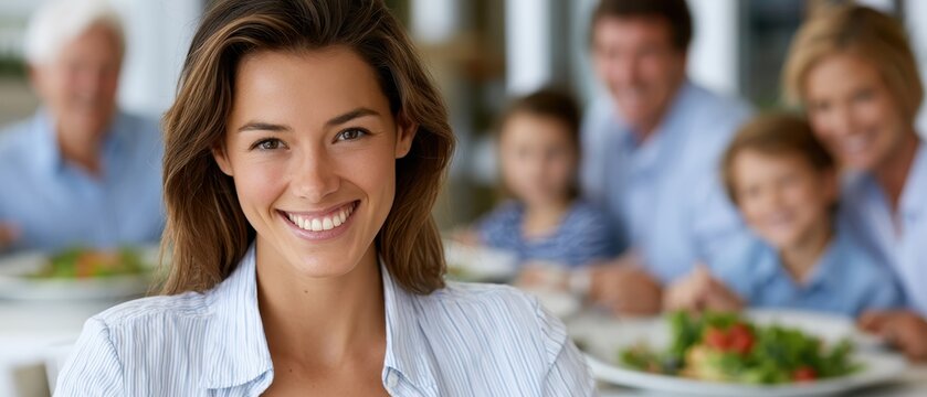 Confident businesswoman smiling at meeting, professional success and leadership concept.