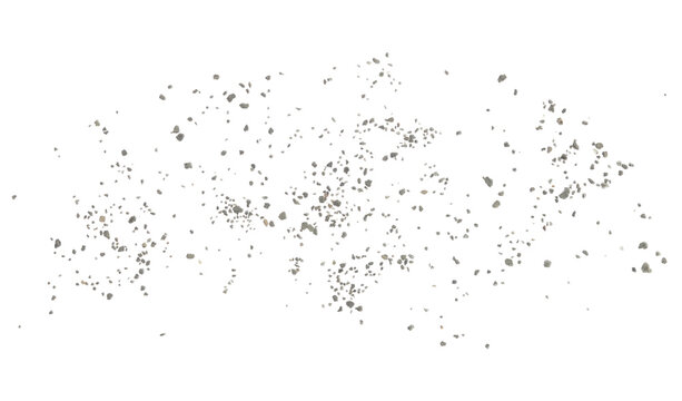 Natural concept of cosmos, crushed stones and dust flying, isolated on white background, clipping path, design element