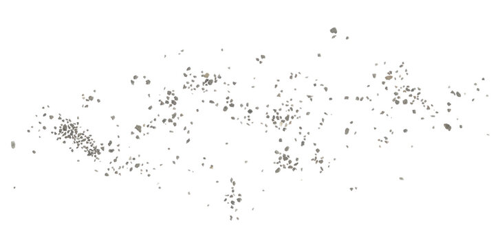 Natural concept of cosmos, crushed stones and dust flying, isolated on white background, clipping path, design element