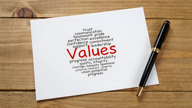 A word cloud of core values with a pen on white paper on a wooden desk