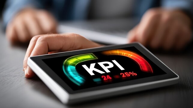 Digital score card displaying performance metrics on a desk, business analytics, data tracking, financial monitoring, productivity management, corporate technology.