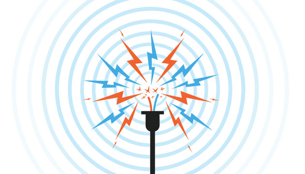 Electrical plug emitting sparks with blue circular wave patterns electromagnetic interference or power surge in a flat style for energy safety concepts.