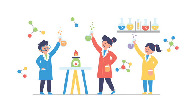 Young students wearing lab coats performing chemistry experiments with colorful liquid flasks and molecular models in a bright school science classroom environment.