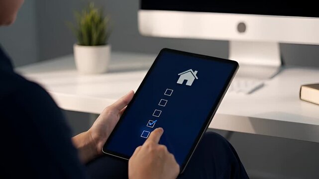 Person holding tablet with house icon on screen in modern office setting with computer and plant