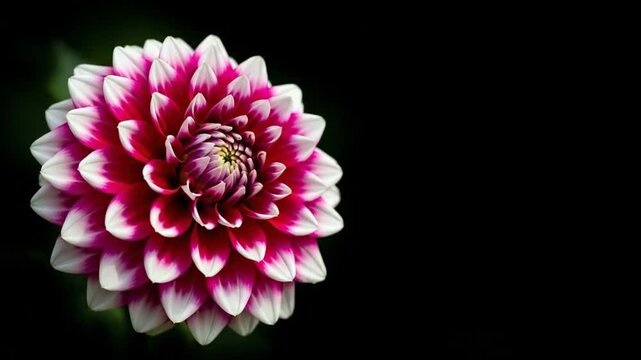 A vibrant magenta and white dahlia flower blooming against a dark background