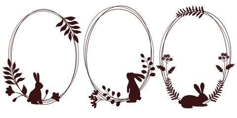 Easter floral frame collection with bunny silhouettes and botanical wreaths. Elegant spring oval borders for greeting cards, invitations, holiday decorations, logos, labels and seasonal designs. © oladolka