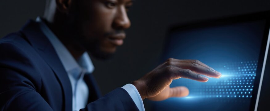 Machine learning feature activation and API connection. Workflow automation through system synchronization. Professional interacting with intelligent agent AI and tool invocation on desktop computer.