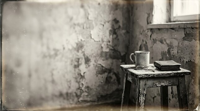 Old book with a coffee mug and glasses on a weathered stool