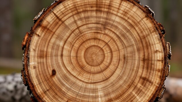 134. [STYLE] of tree rings exposed on a cut log showing concentric growth pattern with rich grain texture, soft natural sidelight, warm honey brown and cream tones, softly blurred forest background, o