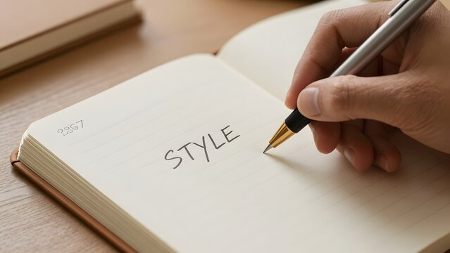 167. [STYLE] of a hand writing in a planner notebook showing soft paper grain texture with natural pen grip gesture, warm soft desk lighting, warm cream and soft brown tones, blurred desk background,