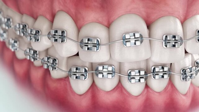3D dental animation demonstrating how braces correct tooth alignment. Realistic orthodontic visualization suitable for healthcare and educational content.