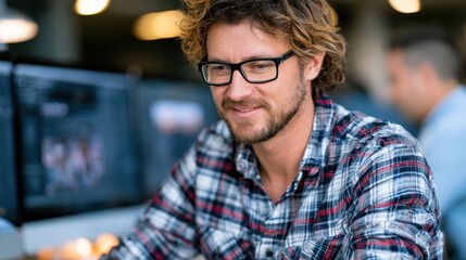 Obraz premium Smiling professional working at a computer in a modern office, productivity, technology, career success concept.