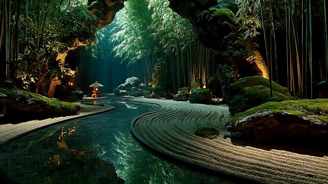 Raked sand zen garden with stones and greenery, perfect for relaxation and wellness concepts images