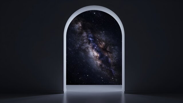 193. [STYLE] of a surreal arched doorway opening into a starfield void showing smooth matte architectural frame with soft shadow gradients, dramatic dark cosmic lighting, deep indigo and silver star t
