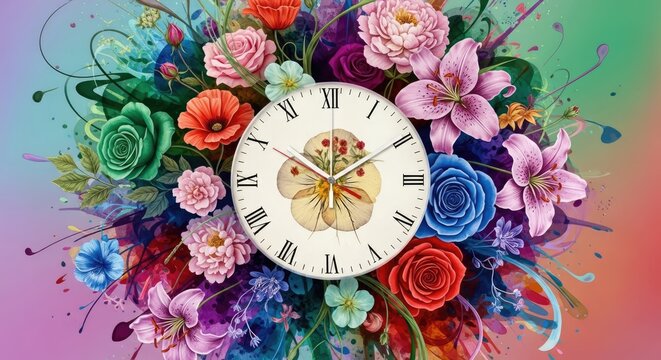 Vintage clock face in a bouquet of multicolored spring flowers