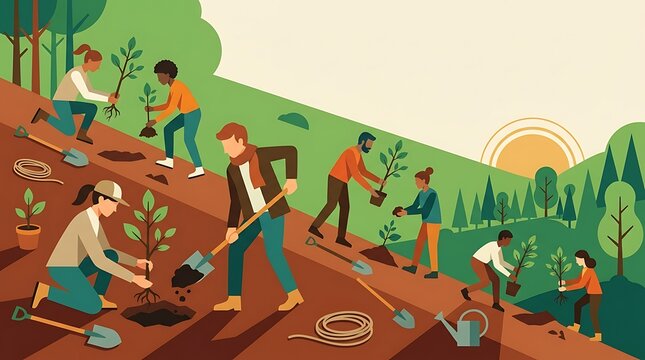 People planting trees on a hillside for reforestation