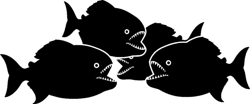 Three black fish with sharp teeth illustration.