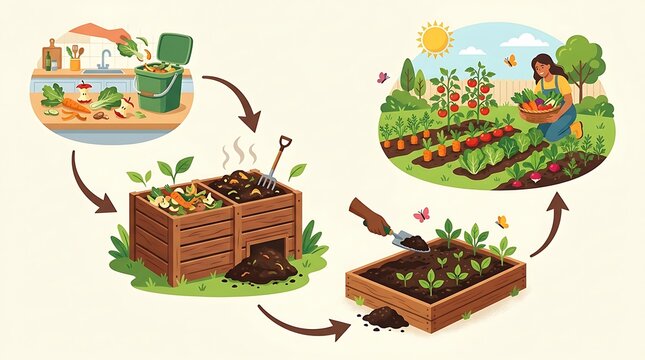 Sustainable composting cycle from kitchen waste to garden harvest