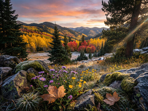 Valle alpine en automne avec for&ecirc;t de conif&egrave;res et feuillus color&eacute;s, coucher de soleil rose et or&eacute;, prairies et montagnes en fond