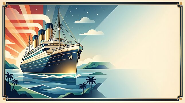 Art deco ocean liner sailing through tropical waters at sunset
