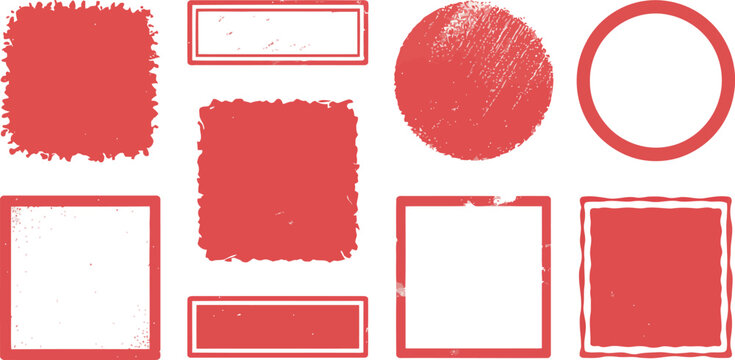 Assorted red stamp shapes with distressed and watercolor textures on white grunge