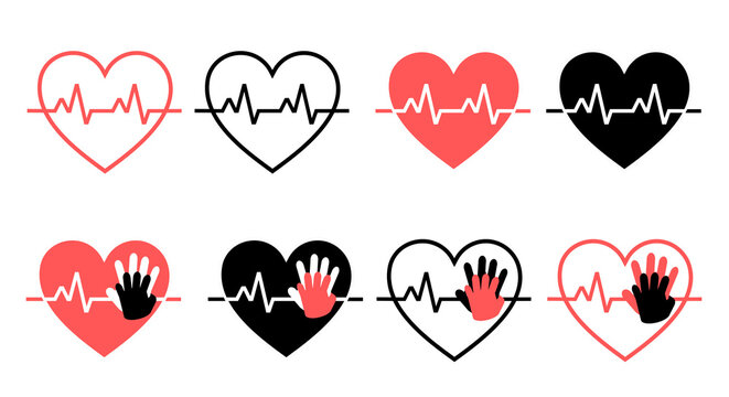 CPR and Heartbeat Icons Set &ndash; Heart ECG and Cardiopulmonary Resuscitation Collection