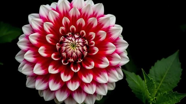 A vibrant red and white dahlia flower isolated against a dark background