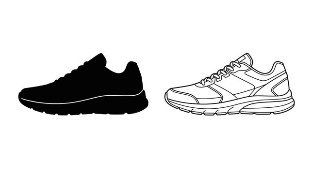 Sneaker Silhouette And Line Drawing On White Background