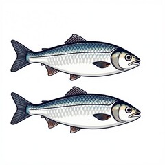 Fototapeta premium Two silver fish swim side by side. This illustration art shows aquatic animals with detailed scales fins and tails. Perfect for seafood market design or fishing industry graphics.