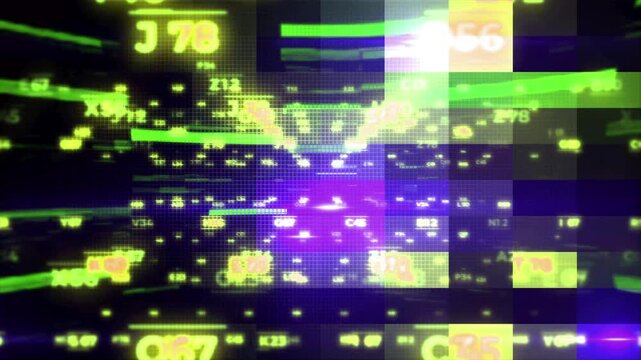 Digital data stream animation featuring glowing neon green code characters moving across a dark grid background