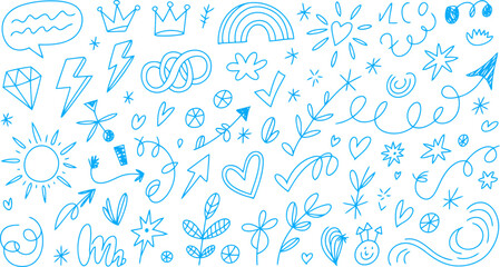 Obraz premium Blue doodle elements hearts stars crowns rainbows and sun doodle, hand drawn, sketch