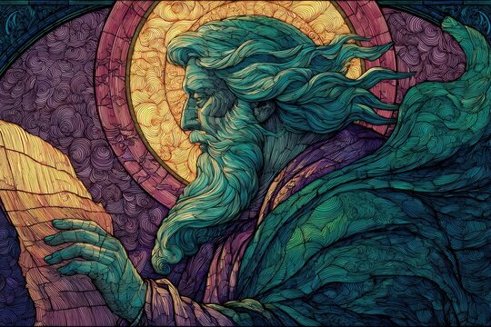 Ancient Prophet Reading Scroll: A wise prophet, depicted in a stained-glass style with flowing green robes and beard, intently reads from an ancient scroll against a vibrant, circular backdrop.