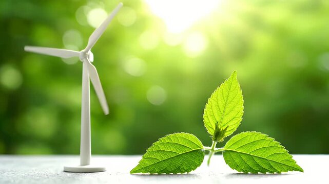 A small wind turbine model standing next to fresh green leaves representing sustainable renewable energy