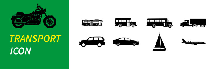 Obraz premium Transport icon set with 9 vehicle silhouettes, black transportation symbols on white and green background, automotive and logistics graphics